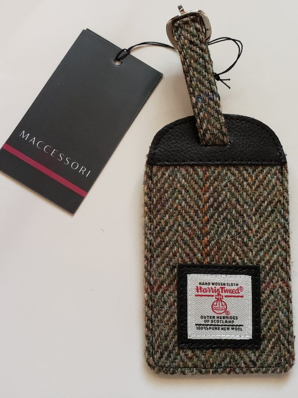 Harris Tweed Travel Luggage Tag Holder Maccessori Wool Olive Green Herringbone